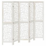 Paravan camera 5 panouri, alb, lemn masiv paulownia