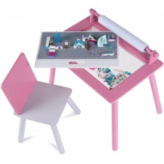 Birou pentru copii Roz cu tabla compatibila cu piese LEGO, din MDF, cu Scaunel, Rola de desen, Spatiu de depozitare, Blat reversibil
