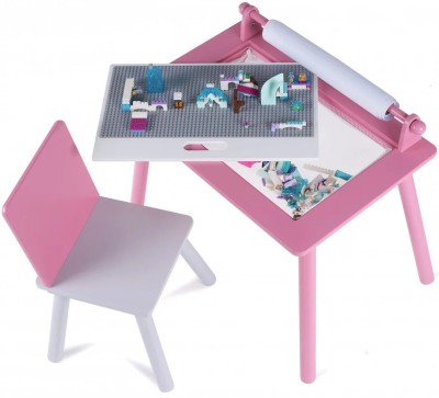 Birou pentru copii Roz cu tabla compatibila cu piese LEGO, din MDF, cu Scaunel, Rola de desen, Spatiu de depozitare, Blat reversibil foto