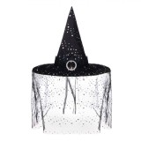 Pălărie Vrajitoare Neagră cu Voal Argintiu Buline, Halloween Carnaval, Diametru 43cm, Damă