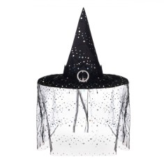 Pălărie Vrajitoare, Voal Tulle, Buline Argintii, Negru, Diametru 43 cm, &Icirc;nălțime 36 cm