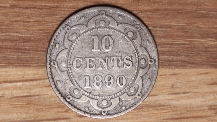 Newfoundland Canada - argint ultra rar - 10 cents 1890 - Victoria - tiraj 100k
