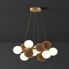 Candelabru modern, 8 globuri albe + 8 globuri de catifea maro, dulie G9, culoare corp auriu, diametru 60cm, inaltime reglabila 1m