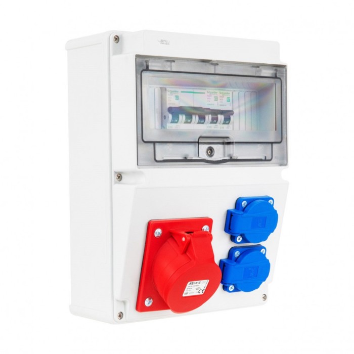 Tablou electric echipat cu o priza trifazica 16A 3P+N+E si 2 prize monofazice schuko 16A precablat, cu sigurante SCHNEIDER, organizare de santier, dis