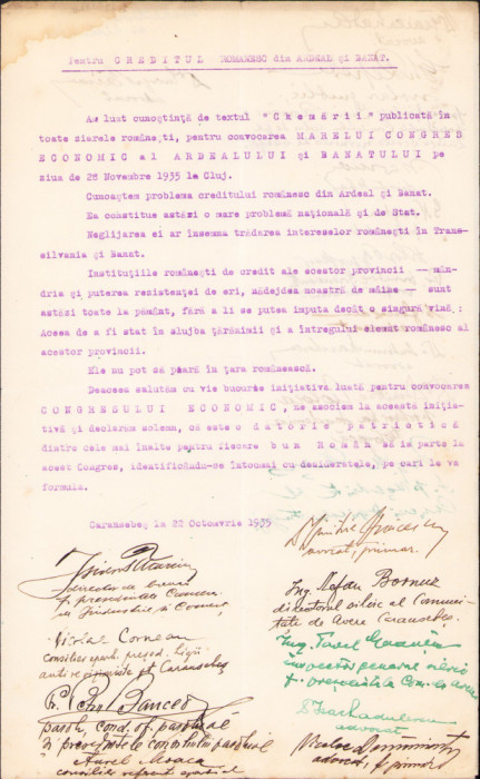 HST A428 Semnături 19 personalități Caransebeș 1935 Marele Congres Economic