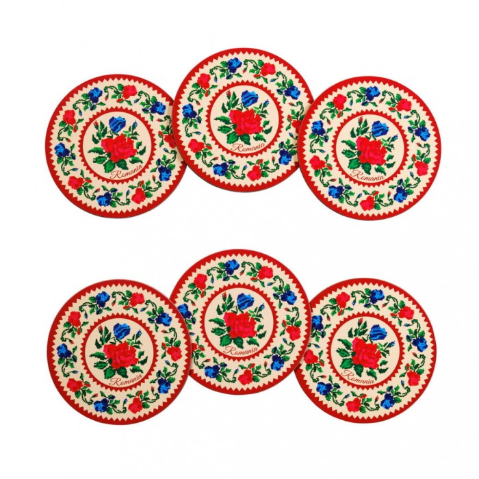 Set 6 suporturi de pahare, cadouri traditionale, Motive Florale broderie rosie, MB446