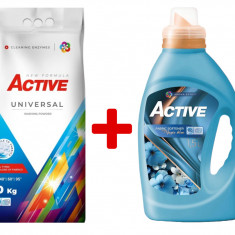 Detergent Universal de rufe pudra Active, sac 10kg, 135 spalari + Balsam de rufe Active Magic Blue, 1.5 litri, 60 spalari