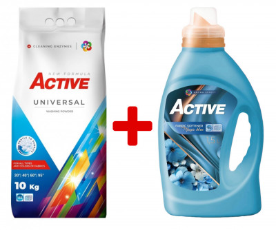 Detergent Universal de rufe pudra Active, sac 10kg, 135 spalari + Balsam de rufe Active Magic Blue, 1.5 litri, 60 spalari foto