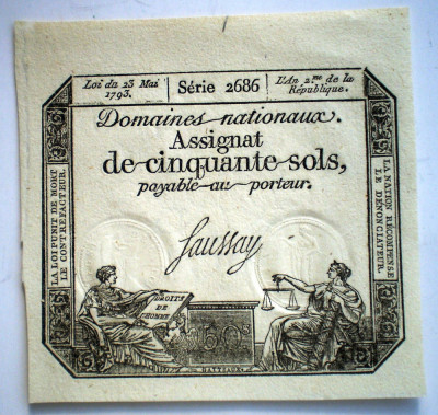 102 FRANTA REPUBLICA ASIGNAT 50 SOLS 1793 SR. 2686 XF/AUNC SAUSSAY foto