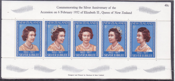 NEW ZEALAND 1977 REGINA ELISABETA BLOC DE 5 TIMBRE,MNH