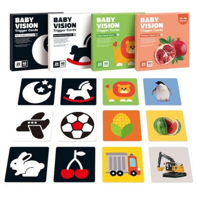 Set 80 carti pentru stimulare vizuala si cognitiva bebelusi, tip Montessori, cu imagini alb, negru, foto