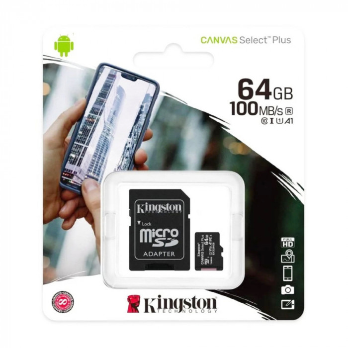 Card de memorie MicroSD Kingston Canvas Select Plus, 64GB, UHS-I, 100MB s, cu adaptor