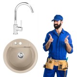 Pachet CHIUVETA GRANIT FERRO DRGM1 51SA ROTUNDA 51CM CU O CUVA NISIP MEZZO BEJ CU BATERIE BUCATARIE FERRO CADOU