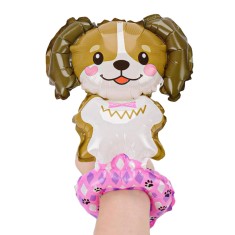 Balon din folie metalizata, flippy, figurine animalute, tip bratara, model catel, 13 x 35 cm, ambalaj individual, pai inclus, umflare cu aer sau heliu