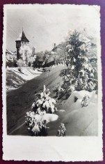Sibiu - 1944 - Promenada cetatii iarna - tip fotografie, circulata la Bucuresti, timbru intact, stampila cenzura 30 CENZURAT SIBIU 30, foto E. Fischer