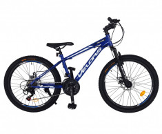 Bicicleta MTB-HT Shimano Tourney 21 viteze, roti 24 Inch, frane Disc Velors CSV24/10A, cadru albastru cu design negru foto