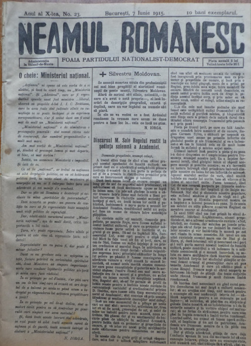 Ziarul Neamul romanesc , nr. 23 , 1915 , din perioada antisemita a lui N. Iorga