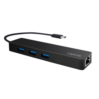 HUB extern LOGILINK, porturi USB: USB 3.0 x 3, conectare prin USB 3.2 Type C, cablu 0.1 m, retea 10/100/1000 Mbps (Gigabit), negru, &amp;quot;UA0313&amp;quot; (timbru v foto