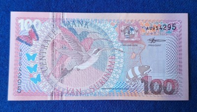 100 Gulden 2000 - Bancnota veche SURINAM, seria AU 954295 - stare foarte buna UNC foto