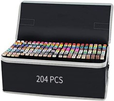Set 204 markere duble WePro Store, profesionale, subtire si gros, cerneala pe baza de alcool, geanta de depozitare, Multicolore