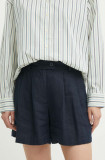 Sisley pantaloni scurti din in culoarea albastru marin, neted, high waist