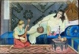 Tablou vechi neoromanesc / lucrare mari dimensiuni, 92 x 58 cm, M. Ionescu, ulei pe carton, cu sticla, covor neoromanesc pe fundal, odalisca
