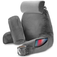 Perna pentru Citit cu Cotiere, Suport pentru Cap/Gat Detasabil &amp; Suport pentru Picioare, Linomag&reg;, 2 x Buzunare Laterale, Gri, 91.5x75cm