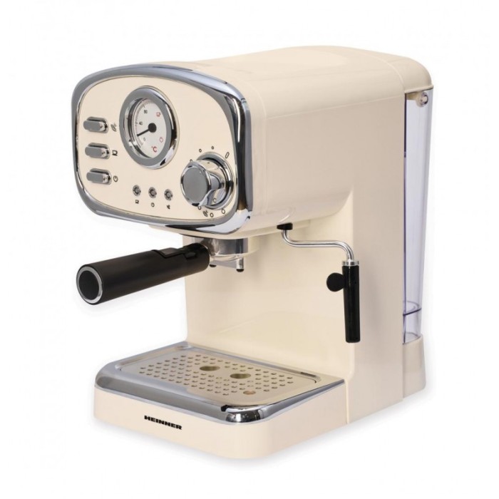 Espressor Retro Heinner, 1100 W, 15 bar, 1.25 l, termometru frontal, carcasa inox/plastic, tava detasabila, Crem