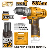 Masina de gaurit bormasina 12 v impact 2 acumulatori cu type c si geanta, pentru gaurire si insurubare - Ingco CIDLI12202E