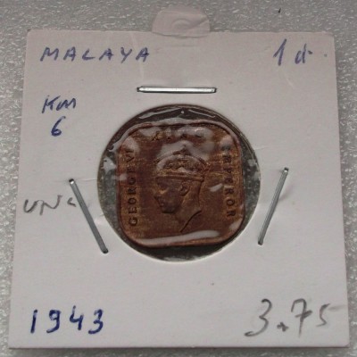 P1. Malaya 1 cent 1943 in cartonas UNC ** foto