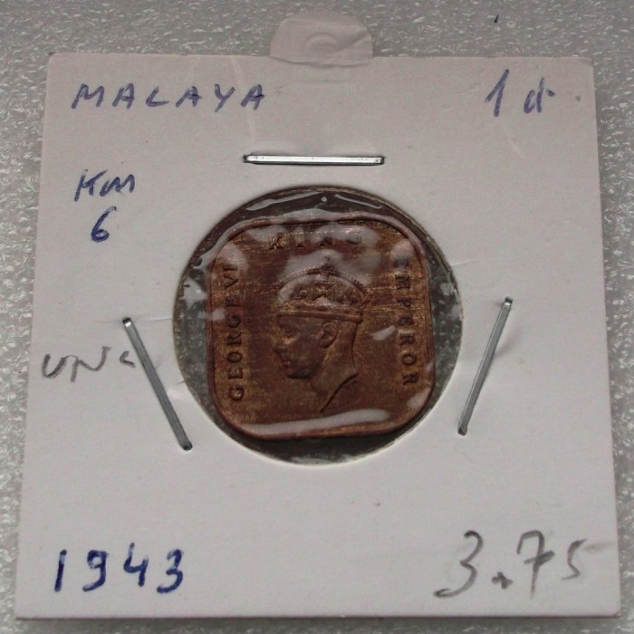 P1. Malaya 1 cent 1943 in cartonas UNC **