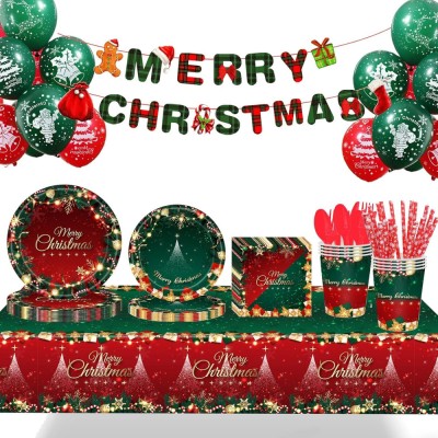 Set 119 piese, flippy, pentru masa de craciun, farfurii 18 cm, farfurii 23 cm, pahare, servetele, tacamuri, fata de masa, ghirlanda, paie, rosu/verde foto