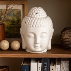 Lampa aromaterapie Buddha, vas mare pentru ardere lumanare si ulei sau tamaie, ceramica alb 14 cm