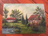 arta / tablou - Pictura ulei pe panza lipita pe carton peisaj de tara mijlocul sec XX !