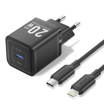 Incarcator pentru priza EU, Type-C, 20W, GaN, cablu USB-C la Lightning, 1m - Vention (TZ-FEPB0-EU-02) - Black foto