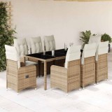 Set bistro de grădină, 9 piese, cu perne, bej, poliratan