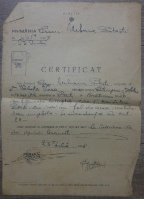 Certificat privind averea/ Primaria Pitesti, 1948 foto