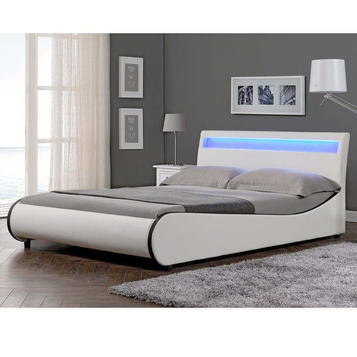 Pat Dublu Tapitat Iluminat cu LED Multicolor RGB, 140x200cm, Imitatie Piele Alb