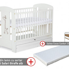 Patut cu sertar KLUPS Safari Giraffe Alb + Saltea 10 Confort II