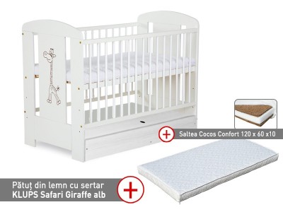 Patut cu sertar KLUPS Safari Giraffe Alb + Saltea 10 Confort II foto