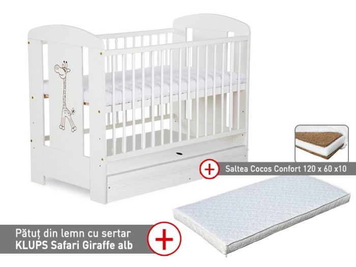 Patut cu sertar KLUPS Safari Giraffe Alb + Saltea 10 Confort II