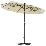 Outsunny Umbrelă Dublă &Icirc;nclinabilă cu Manivelă, Lumini LED, Bază &icirc;n Cruce şi Orificii de Ventilaţie, 295x150 cm, Alb Crem | Aosom Romania