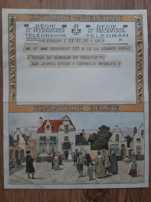 Telegrama veche regat Belgia 1939 gravura semnata Amedee Lynen