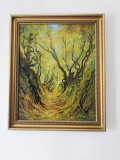 Pictura in ulei - peisaj in padure - semnata Haloiu - rama din lemn - 48x58 cm, Natura, Realism