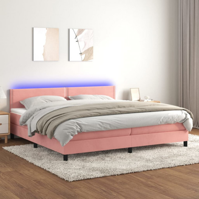 vidaXL Pat cu arcuri, saltea &amp; LED, roz, 200x200 cm, catifea