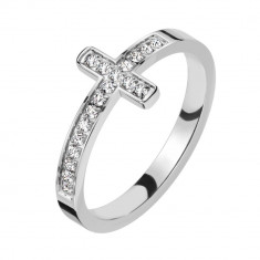 Inel din oțel inoxidabil 316L - motiv cruce, zirconii transparente, culoare argintie - Marime inel: 54