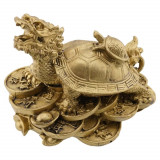 Statueta feng shui din rasina cu broasca dragon si broasca testoasa pe monede si pepite 11cm