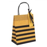 Pungă Cadou, Bej cu Dungi Negre, 18x10x23cm, H&acirc;rtie, M&acirc;ner și Fundă Negre, Oem