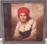 Tablou vechi - fata cu marama rosie - semnat S. Hentia 1893