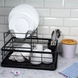 Suport Vase 2 Nivele Kinghoff, Negru, 43x32x27cm, Otel-Plastic, Uscator Farfurii, Tava Scurgere, Suport Tacamuri